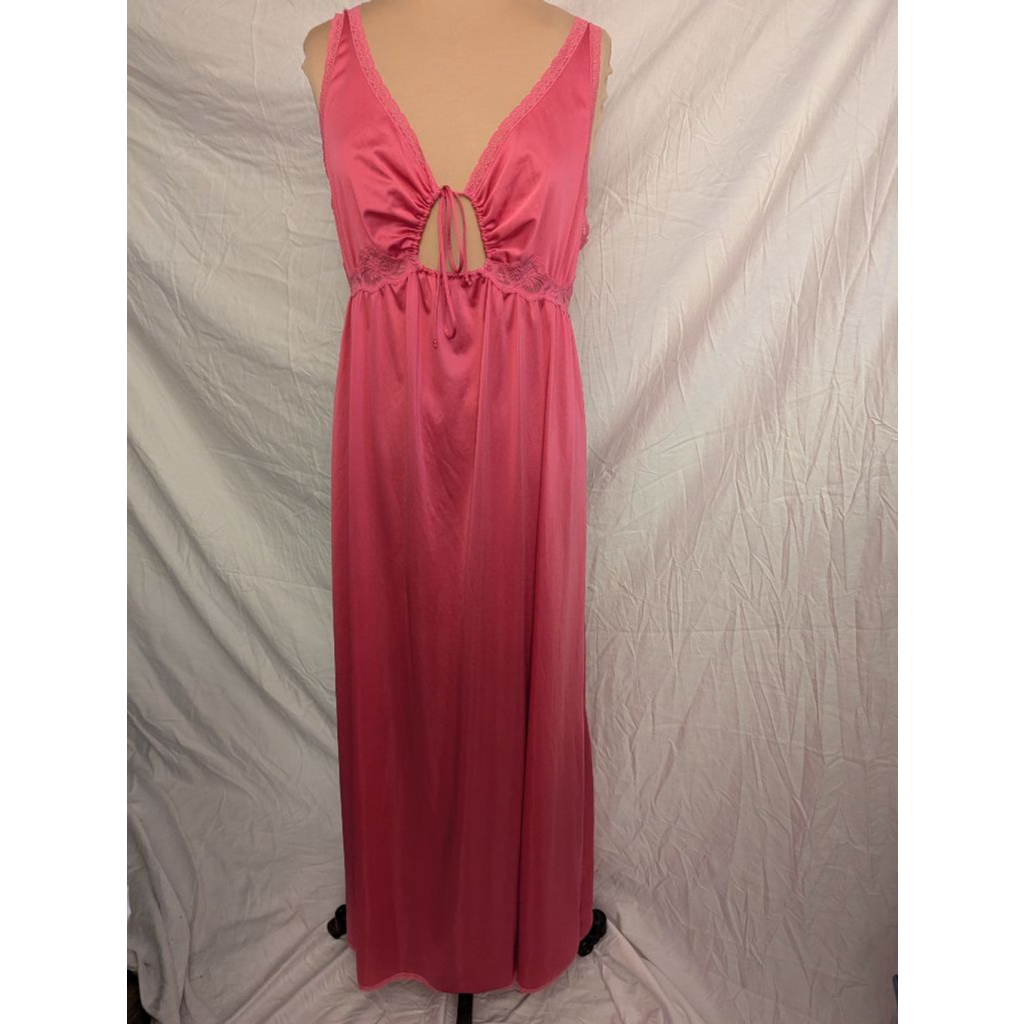 Vtg Miss Elaine Pink Lace Trim Keyhole Maxi Nightgown Slip Dress Ilgwu Coquette